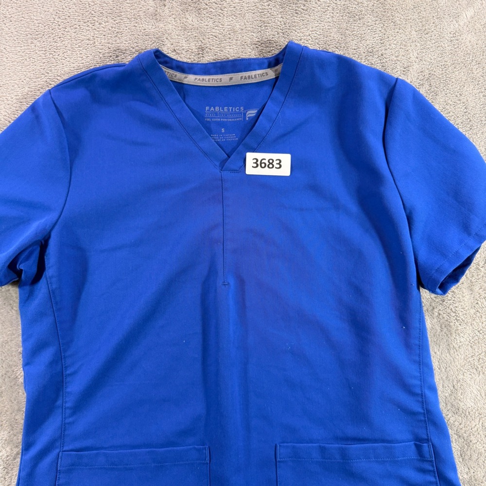 Fabletics Scrub Top‎ Women S Blue V-Neck Performance Short Sleeve Pockets 3683